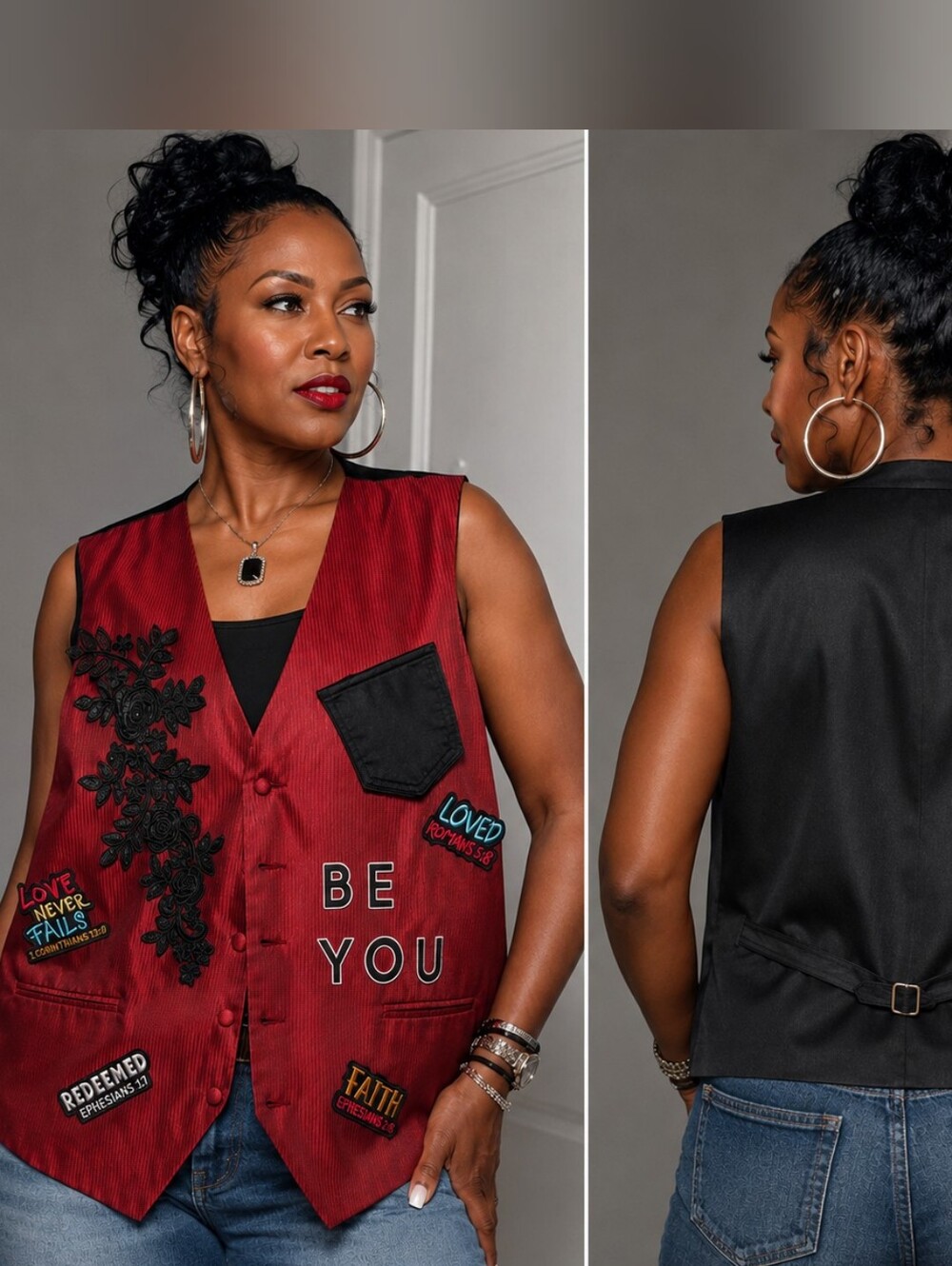 Upcycled Burngundy & Black Embroidered Patchwork Vest - Be You